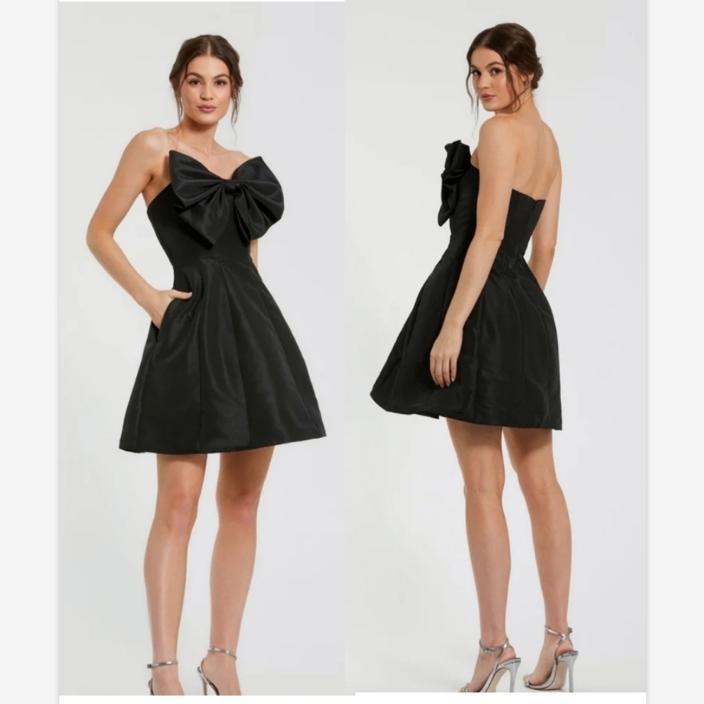 Mac Duggal Black Strapless Oversized Bow Fit & Flare Mini Dress Sz 6, 8 NWT